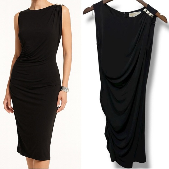 332 Michael Kors | EUC Women’s Black Draped Shoulder Sheath Dress (Size M) - Picture 1 of 15